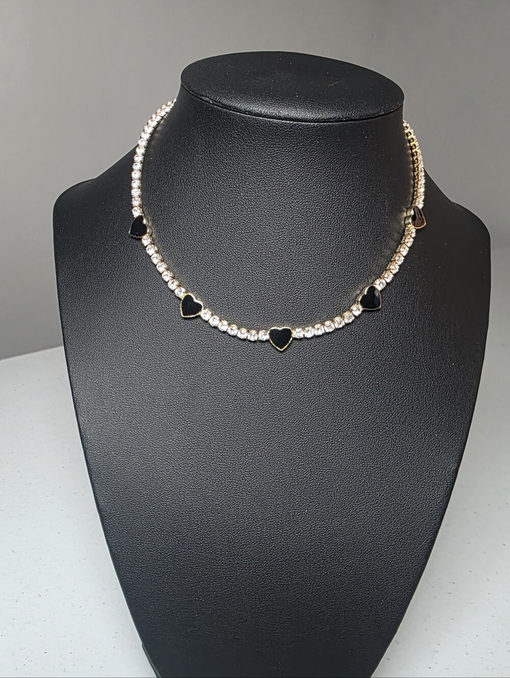 Gold Crystal Heart Choker Necklace with Black Heart Accents - Picture 2 of 3